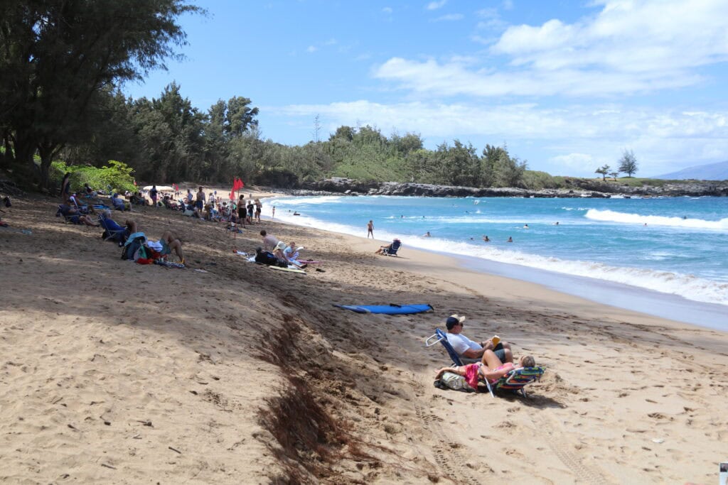 People relax on the sandy shore of DT Fleming Beach near the ocean, some sunbathing and others swimming or snorkeling. The shoreline is bordered by trees and greenery under a partly cloudy sky.