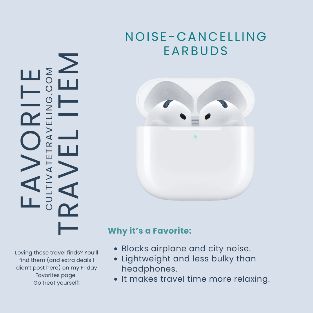A pair of white wireless noise-cancelling earbuds in an open charging case, displayed with text describing their travel benefits—perfect for your friday travel favorites.