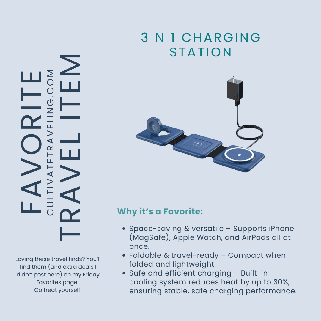 A foldable 3-in-1 blue charging station—perfect for friday travel favorites—features MagSafe spots for iPhone, Apple Watch, AirPods, and includes a power adapter, all shown on a light blue background.