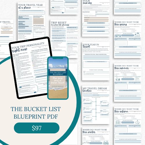 A digital and mobile preview of the Bucket List Blueprint PDF is shown next to sample travel planning worksheets, with a price tag of $97.