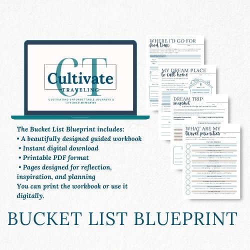 A digital workbook titled "Bucket List Blueprint PDF" is displayed on a laptop screen, alongside printable planning pages for travel goals, trip dreams, and travel priorities.