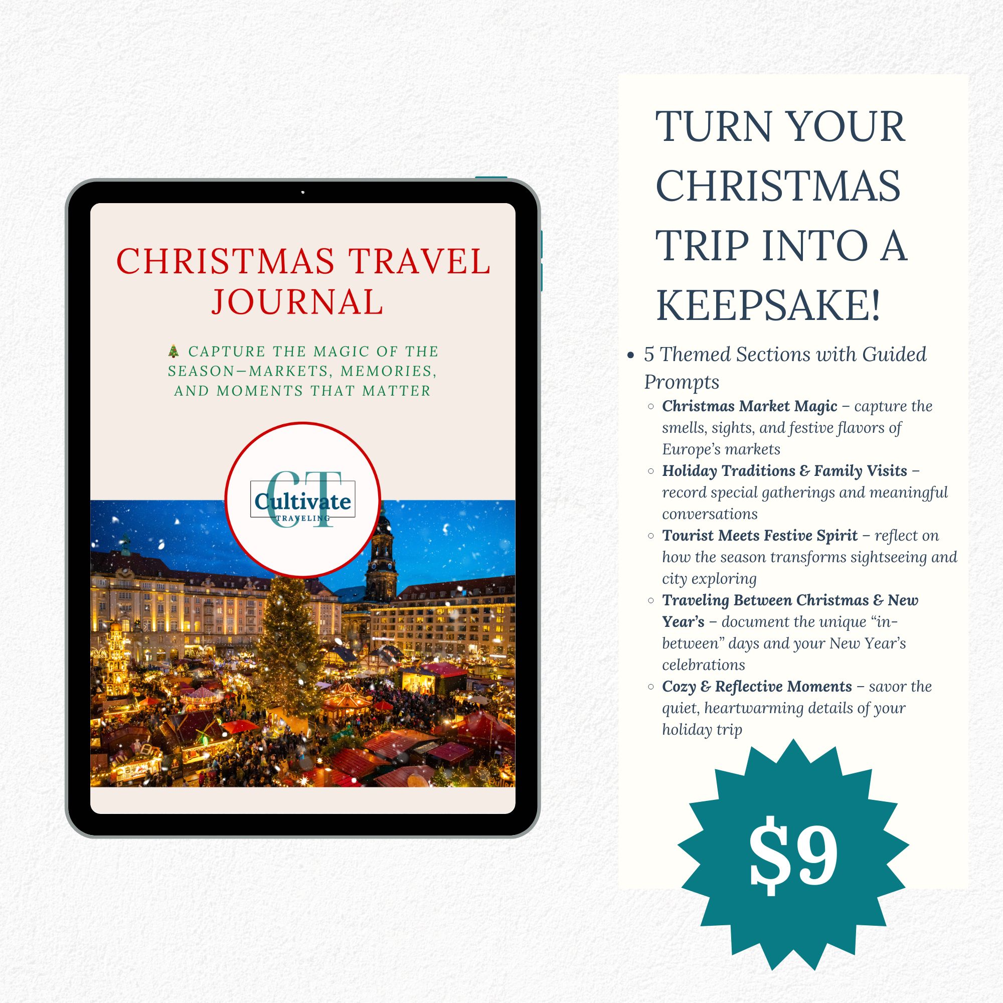 Image of a promotional display for a "Christmas Travel Journal PDF" on a tablet, featuring a list of guided prompts and a teal circle highlighting the $9 price.