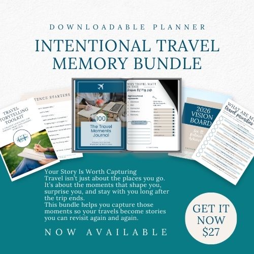 Promotional image for the Intentional Travel Memory Bundle downloadable planner, featuring sample pages, pricing details, and a "Now Available" announcement.