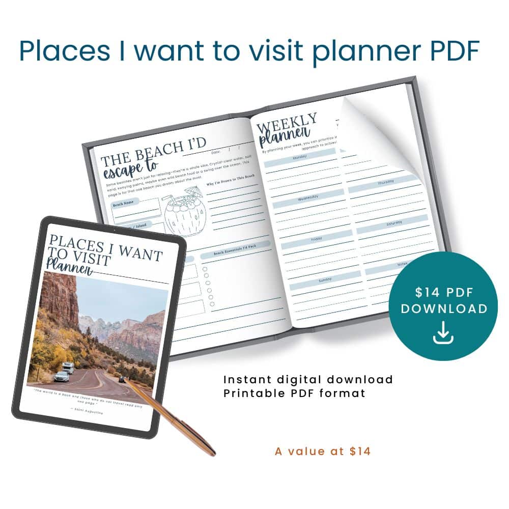 Digital "Places I Want to Visit Planner" PDF with cover and interior pages shown, featuring travel-themed prompts, a $14 PDF download label, and bonus 3 Day London Flexible Itinerary PDF for inspiration.