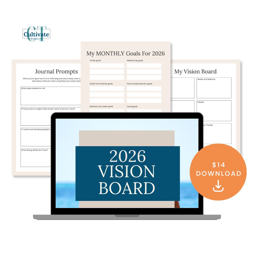 A laptop displaying "2026 Vision Board" with printable goal-setting and journal prompt sheets, plus a 3 Day London Flexible Itinerary PDF peeking behind; $14 download label in the corner.