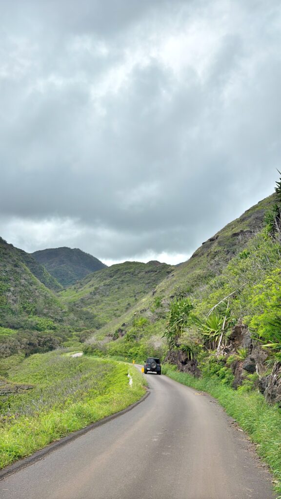 A narrow paved road curves through green hills under a cloudy sky, with a single vehicle driving away in the distance—a scene straight from a Maui Travel Guide for First Timers.