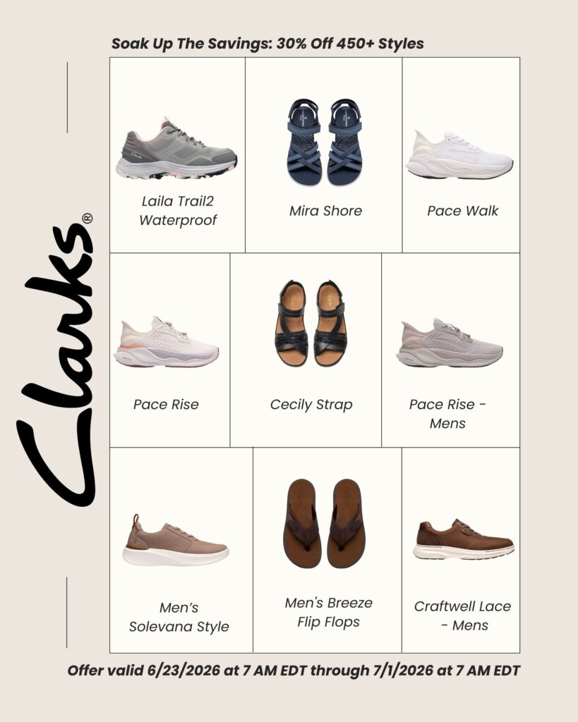 Grid display of eight Clarks shoe styles for men and women, including sneakers, sandals, and flip flops—perfect for your Friday travel favorites. Enjoy a 30% off promotion with offer dates shown.