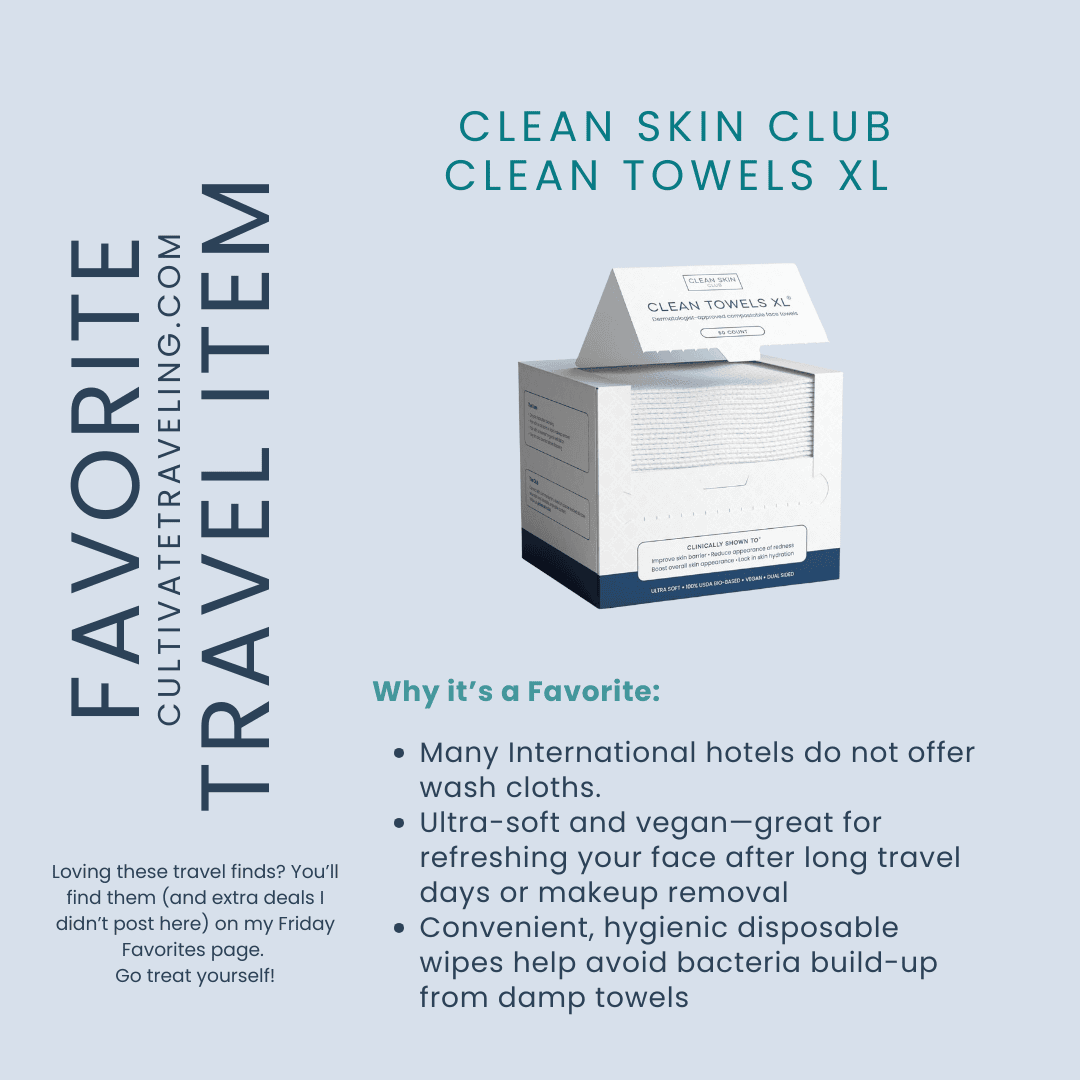 A box of Clean Skin Club Clean Towels XL is displayed as one of our Friday travel favorites, with text highlighting its benefits for hygiene and convenience—making it the perfect on-the-go essential.