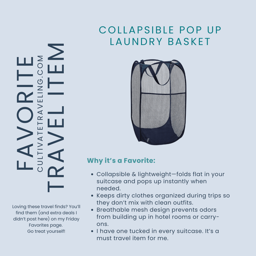 A blue collapsible pop up laundry basket stands upright, with text highlighting its travel-friendly features and friday travel favorites on a light blue background.