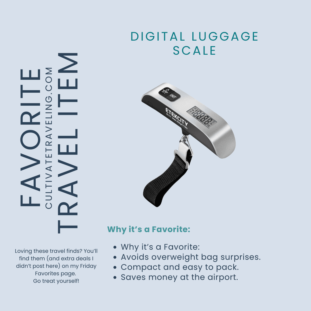 A digital luggage scale with a black strap is displayed on a light blue background, featured in Friday Travel Favorites for helping you avoid overweight bag fees.