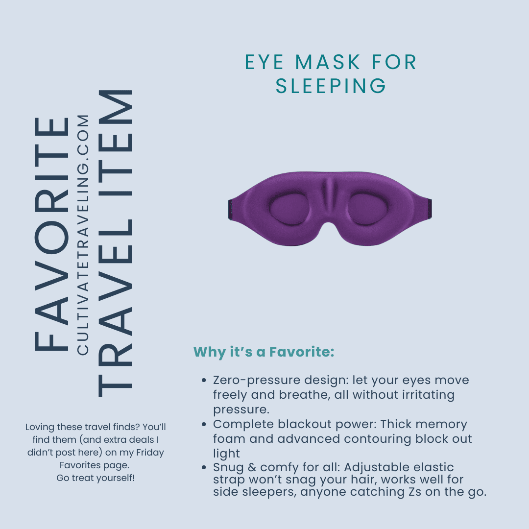 A purple eye mask for sleeping is displayed above text listing its benefits, such as zero-pressure design, blackout power, and adjustable elastic strap—making it one of our Friday travel favorites for comfort and versatility on the go.