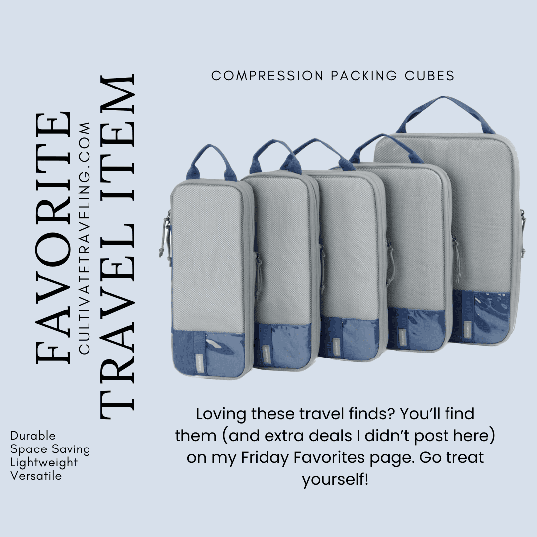 Four gray and blue compression packing cubes are displayed upright in a row. Text highlights them as a Friday travel favorites pick for their durability and versatility.