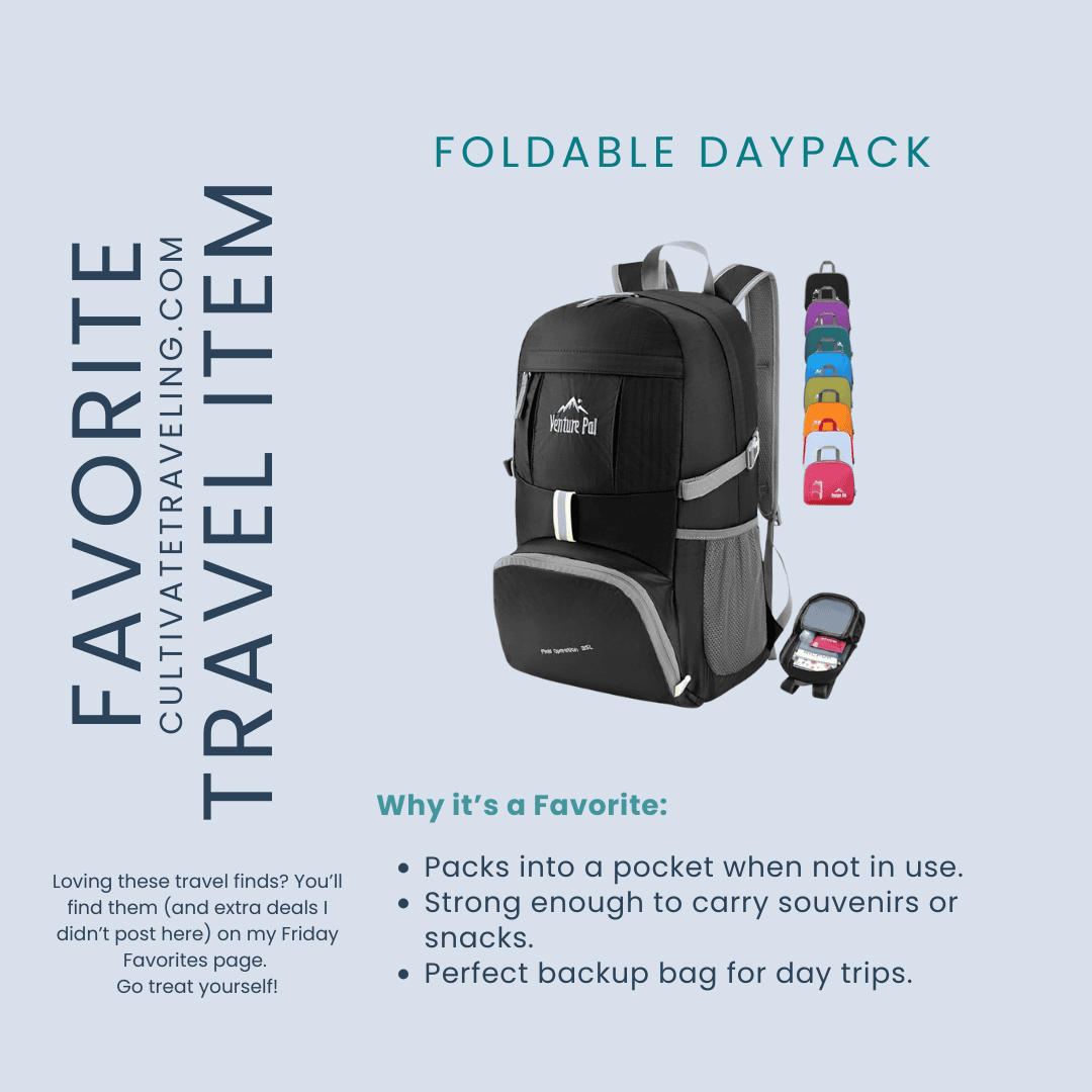 A black foldable daypack is featured with text highlighting its compactness, spaciousness, and utility as a backup bag—a true friday travel favorite. Smaller images display the daypack in various colors.