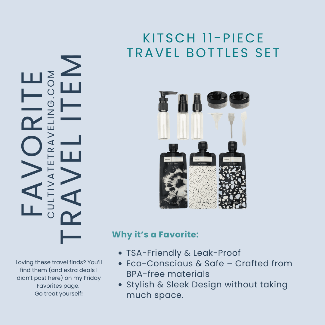Kitsch 11-piece travel bottles set with various leak-proof containers; a friday travel favorites pick featuring black and white patterns and eco-conscious, BPA-free materials.