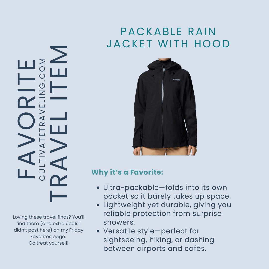 A person wearing a black packable rain jacket with hood stands against a blue background; friday travel favorites and benefits are listed beside them.