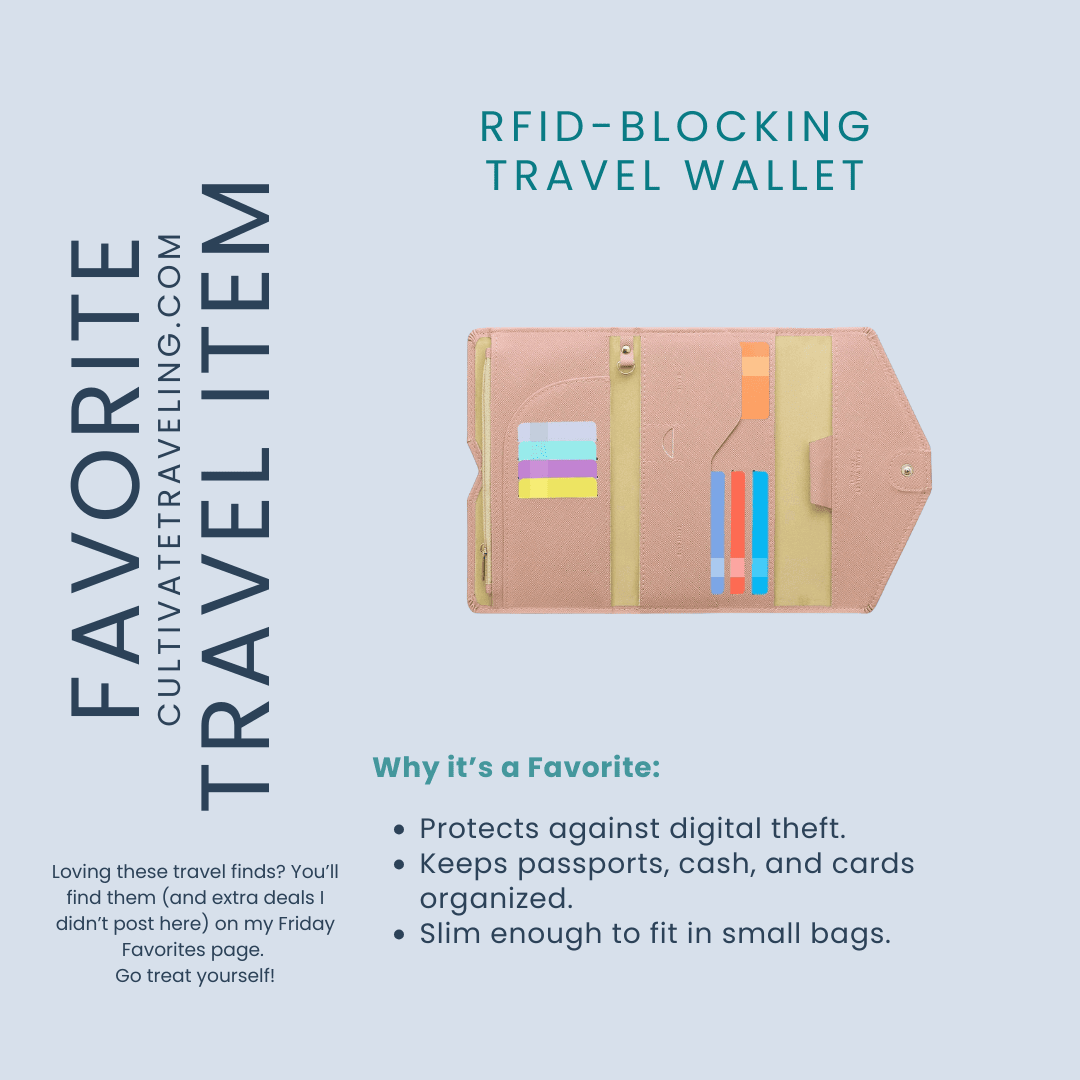 A pastel RFID-blocking travel wallet is open, displaying slots with colorful cards on a light blue background—perfect for friday travel favorites, it highlights both security and compactness.