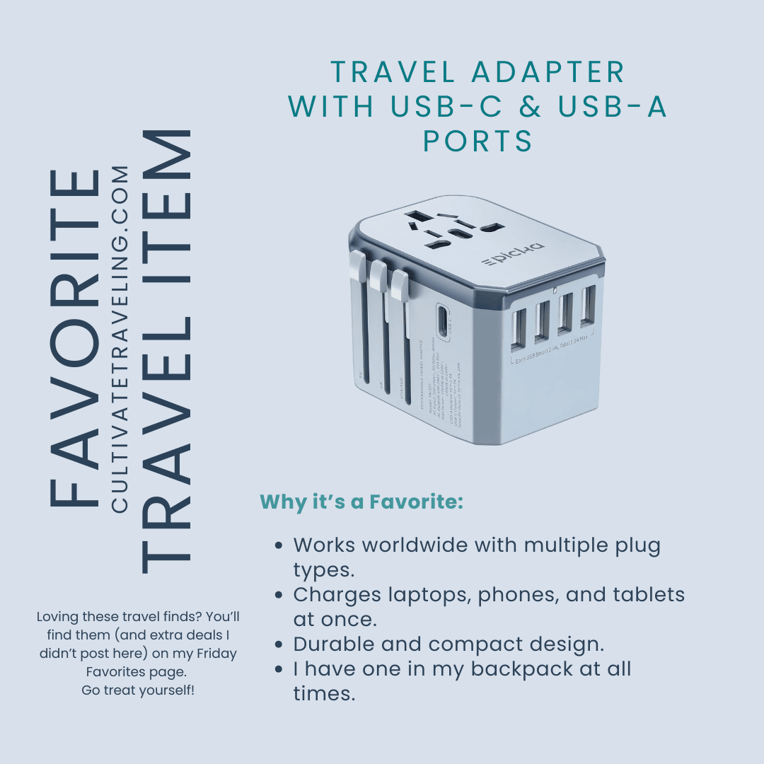 A universal travel adapter with USB-C and USB-A ports is shown on a blue background, featured as one of our Friday Travel Favorites—highlighting its must-have features and benefits for seamless travel.