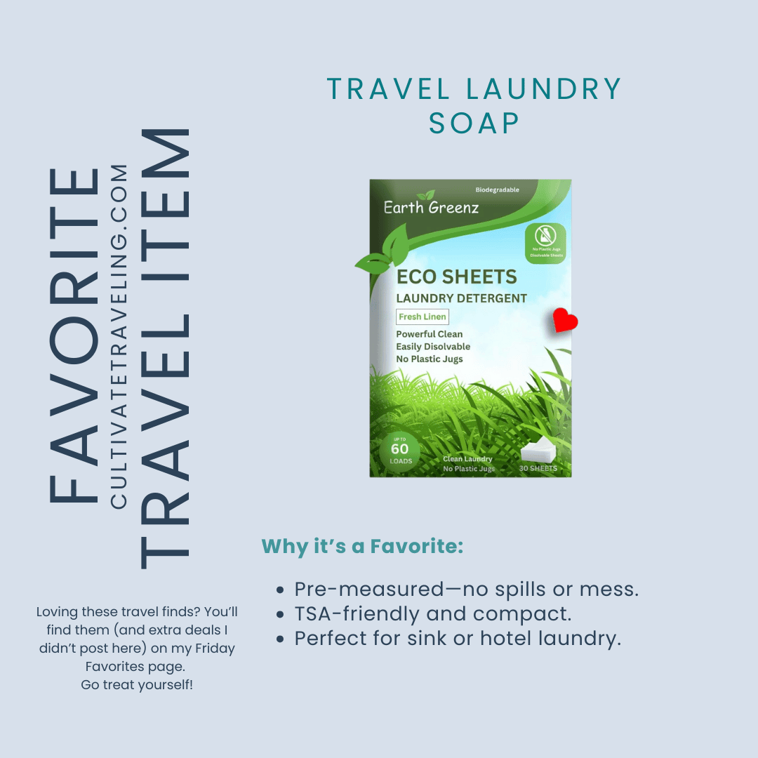 Image featuring a package of Earth Greenz Eco Sheets Laundry Detergent—this Friday travel favorite is pre-measured, compact, TSA-friendly, and perfect for sink or hotel laundry.