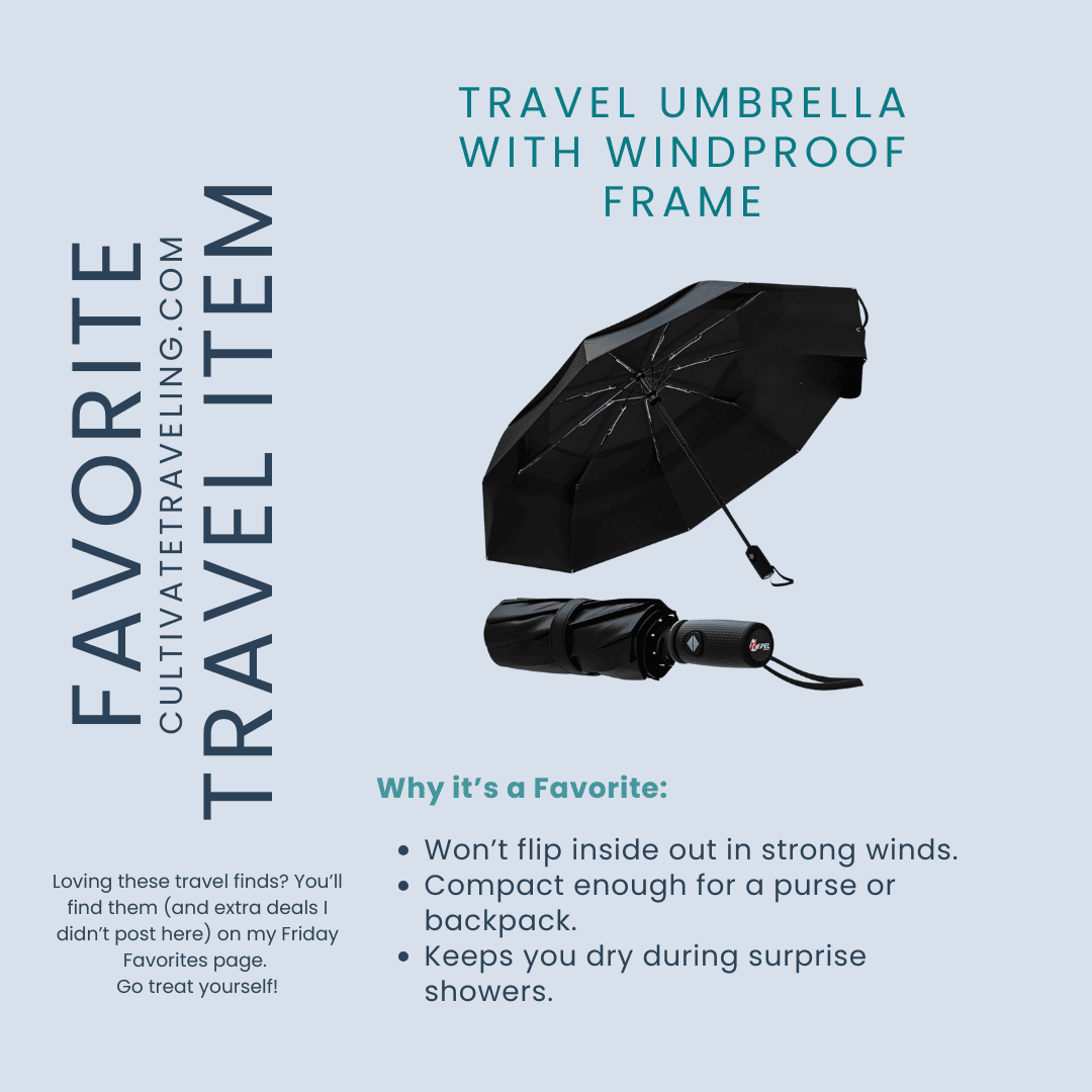 A black compact travel umbrella with a windproof frame is shown open and closed, alongside text highlighting its durability and size benefits—perfect for your Friday travel favorites.