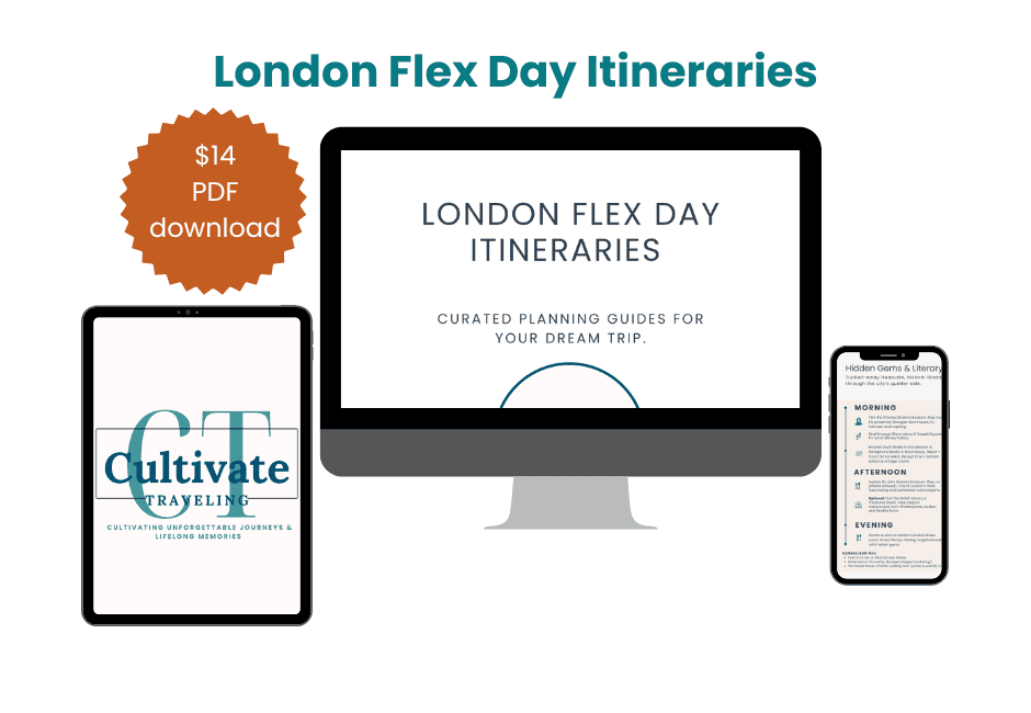 Digital mockup displaying a promotional ad for the 3 Day London Flexible Itinerary PDF, showcasing the $14 London Flex Day Itineraries download on tablet, desktop, and smartphone screens.