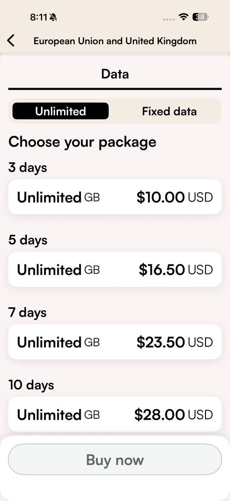 A mobile phone screen displays one of the best travel apps for planning, featuring unlimited data packages for the EU and UK ranging from $10 for 3 days to $28 for 10 days.