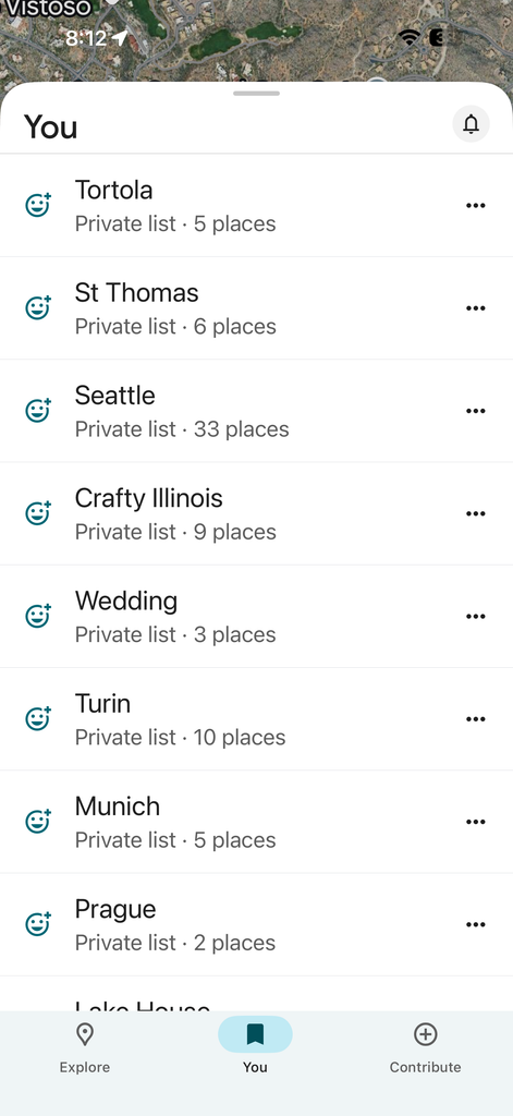 A list of private location collections in one of the best travel apps for planning, showing titles like Tortola, St Thomas, and Seattle with their respective number of saved places.